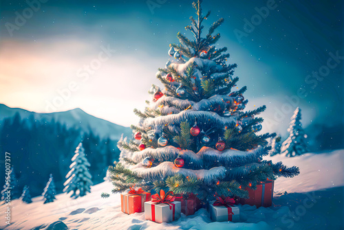 A Christmas tree with gifts and festive decorations in a snowy landscape winter background. A Happy New Year and Christmas Wallpaper. A Generative AI Illustration. © Tarunabh