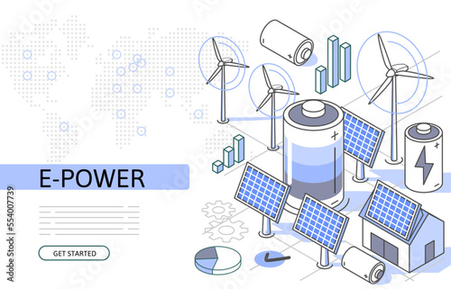 Clean energy Isometric Concept. Use for web page, banner, infographics. Flat illustration editable line. Renewable sources ecologically alternative energetics