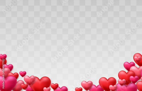Happy Valentine Day vector design decorated with 3d hearts on png background. Red and pink hearts isolated on transparent background. Cute love banner for Happy Women's, Mother's, birthday.