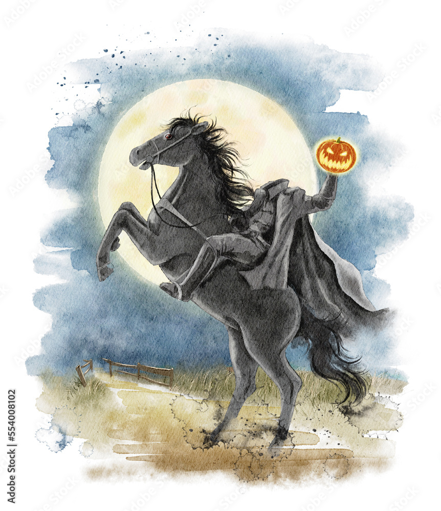 Watercolor fantasy full moon with dark silhouette of horse rider headless horseman with halloween pumpkin in night isolated on white background. Hand drawn illustration sketch - obrazy, fototapety, plakaty 