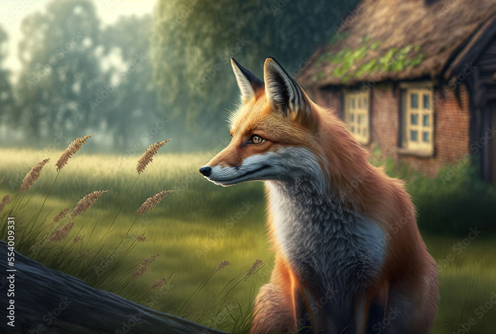 Obraz premium adorable fox in a countryside scene. Generative AI