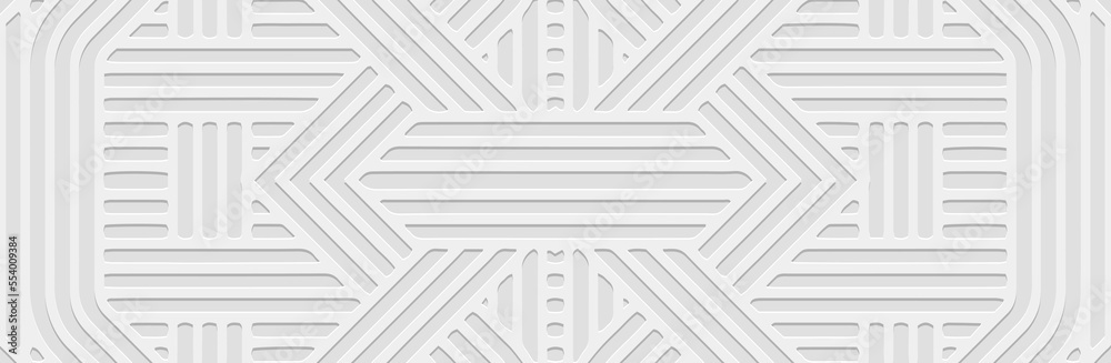 Banner, cover design. Embossed geometric 3d pattern on a white background, paper press, lines. Tribal ethnic motifs, original art deco ornaments.
Banner, cover design. Embossed geometric 3d pattern on a white background, paper press, lines. Tribal ethnic motifs, original art deco ornaments.