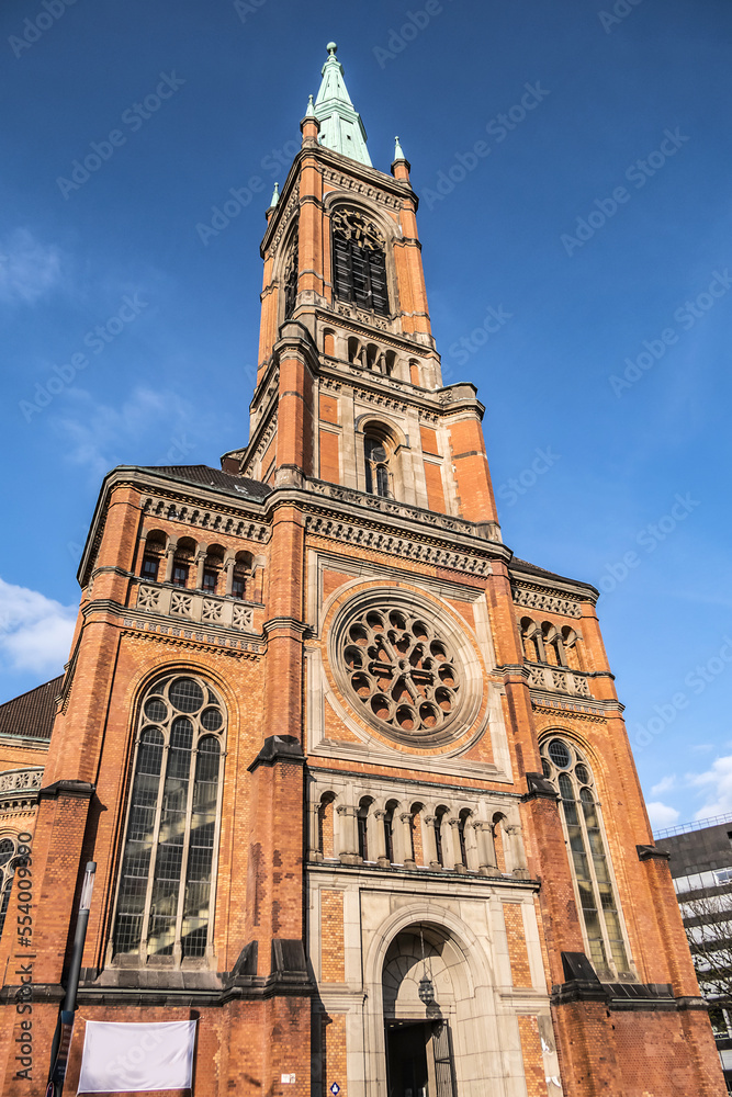 Protestant St John's Church (Johanneskirche, 88 m high tower) in the square of Martin-Luther. Church of St John built from 1875 to 1881 in Romanesque Revival style. DUSSELDORF, GERMANY.