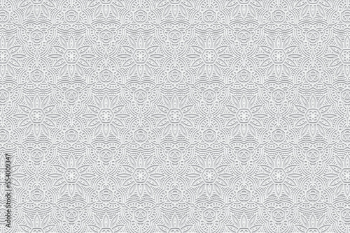 Embossed white background, ethnic cover design. Press paper, boho style. Geometric decorative 3d pattern. Tribal themes of the East, Asia, India, Mexico, Aztecs, Peru with handmade elements.