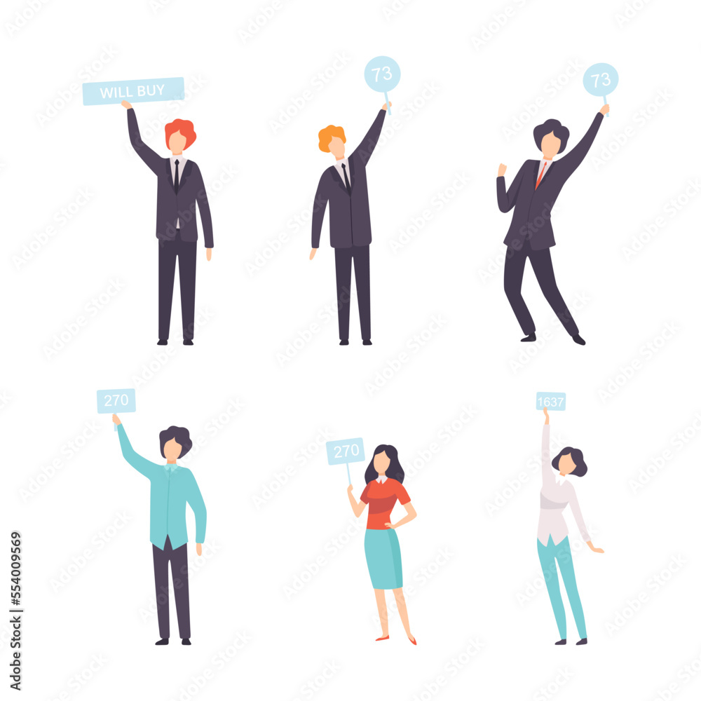 Public Auction Sale with People Bidding and Buying Goods Vector Set Public Auction Sale with People Bidding and Buying Goods Vector Set