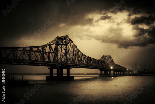 Bridge at Howrah The Hooghly River's ancient cantilever bridge under a dusky sky. The Howrah Bridge is regarded as India's busiest bridge. Generative AI photo