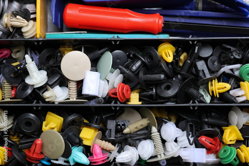 Accessories fastener clip colorful equipment for maintenance automotive and screwdriver in the box.