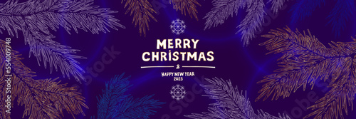 Merry Christmas and Happy New Year 2023. Banner with stylized spruce branches, light reflections on a purple background
