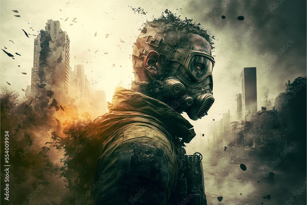 Soldier wearing gas mask in post-apocalyptic city ruins and battlefield ...