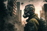 Soldier wearing gas mask in post-apocalyptic city ruins and battlefield. War concept. Designed using Generative AI.