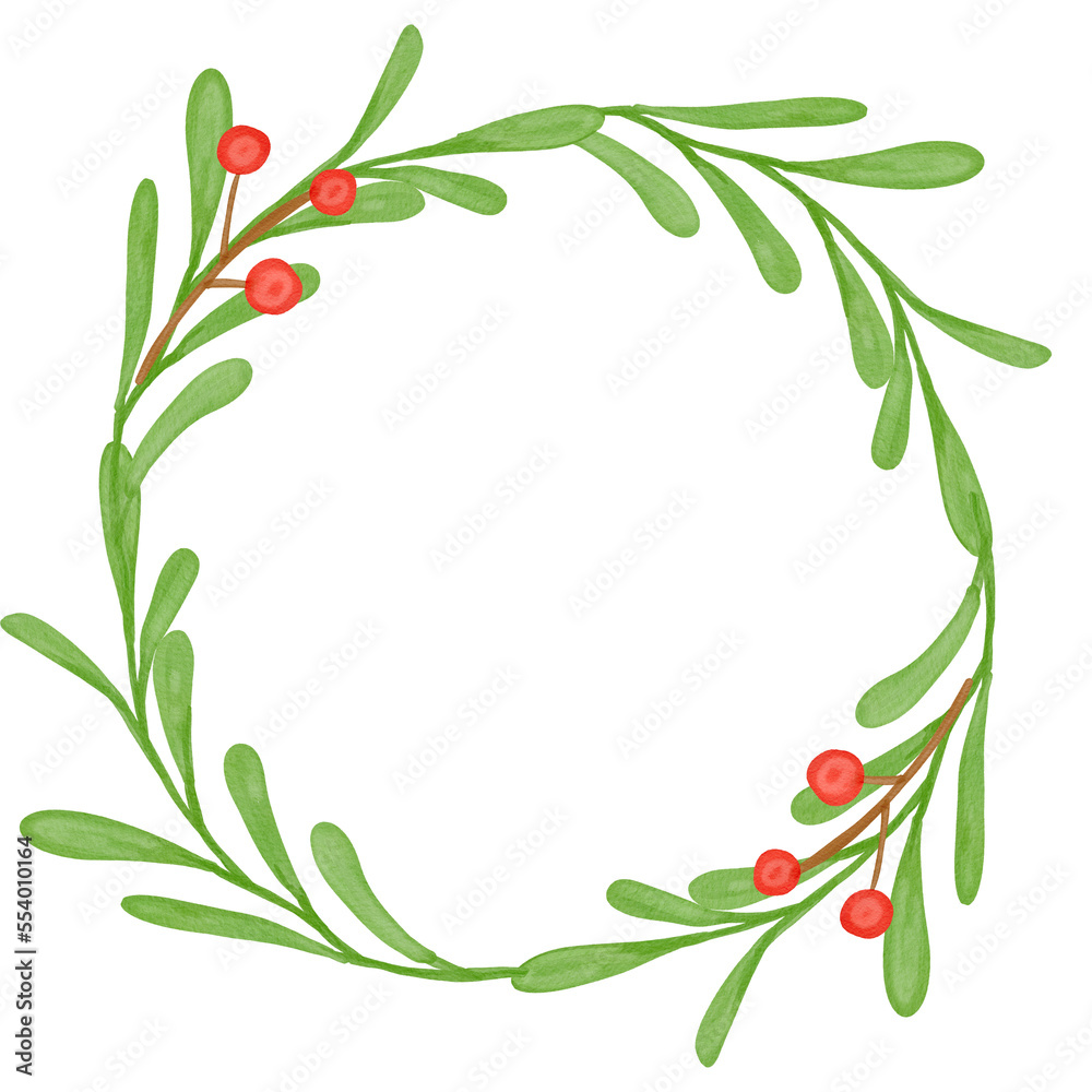 Watercolor Christmas floral wreath with mistletoe, red berries, leaves. Hand painted illustration isolated on white background