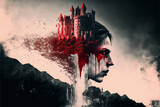 Vampire Horror Castle. Surrounded by Bats and Blood. Designed using Generative AI. 
