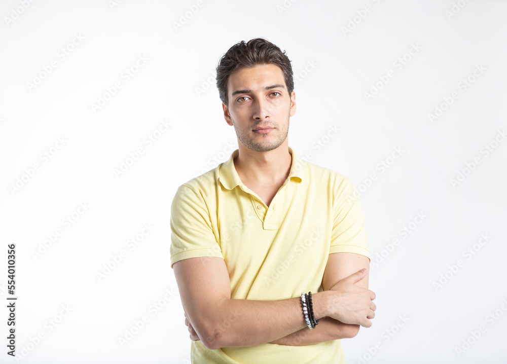 Close-up portrait of handsome man standing isolated on white background Close-up portrait of handsome man standing isolated on white background