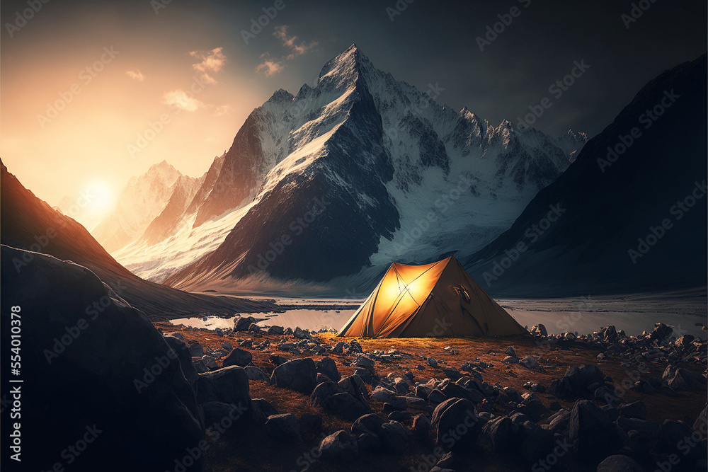 Outdoor camp with tent in the mountains for high altitude hiking. Designed using Generative AI