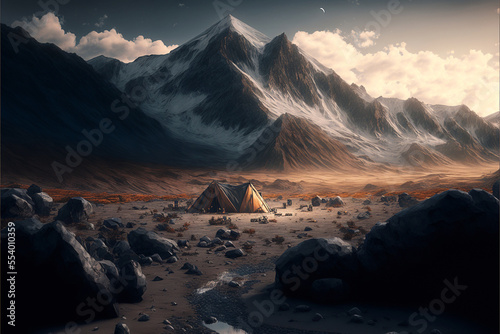 Outdoor camp with tent in the mountains for high altitude hiking. Designed using Generative AI © XtravaganT