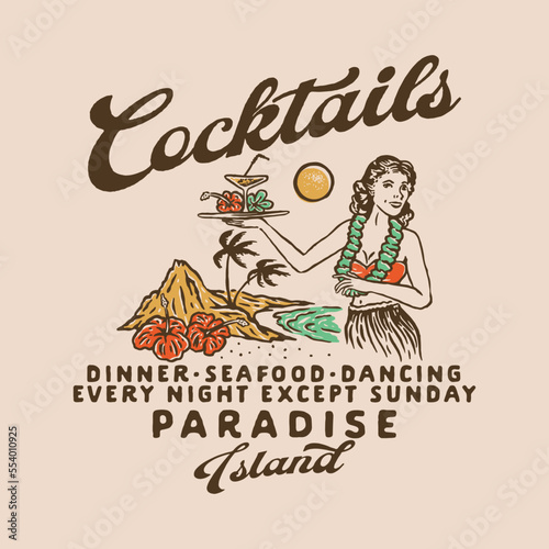 Hula girls illustration cocktails graphic paradise design Hawaiian vintage beach surf