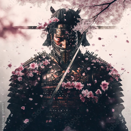 Samurai concept with cherry blossom from Japan. Designed using Generative AI photo