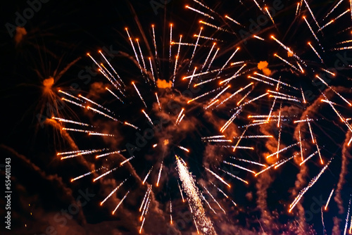 Bright  beautiful red fireworks in the night sky.