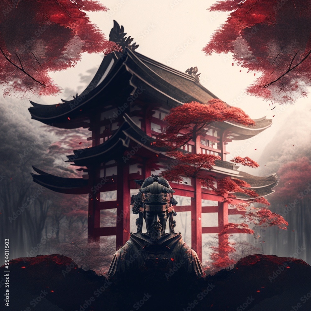 Fototapeta premium Shinto Shrine with red maple trees in Japan. Designed using Generative AI.