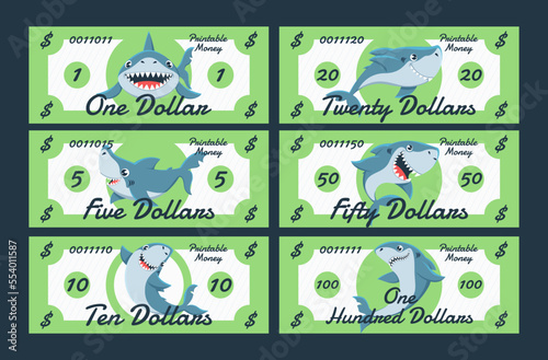 Game money shark paper green dollar currency for gaming playing shopping set vector flat
