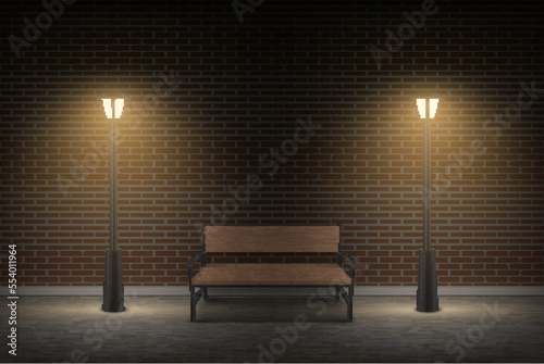 Street bench night with two lantern outdoor building brick wall at darkness realistic vector