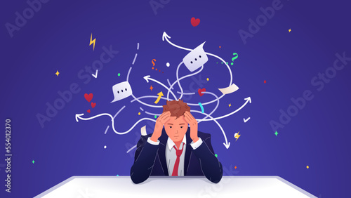 Vector illustration of an overworked man. The man holding his head in his hands. The man is tired of a huge number of cases. The man is confused in his thoughts.
