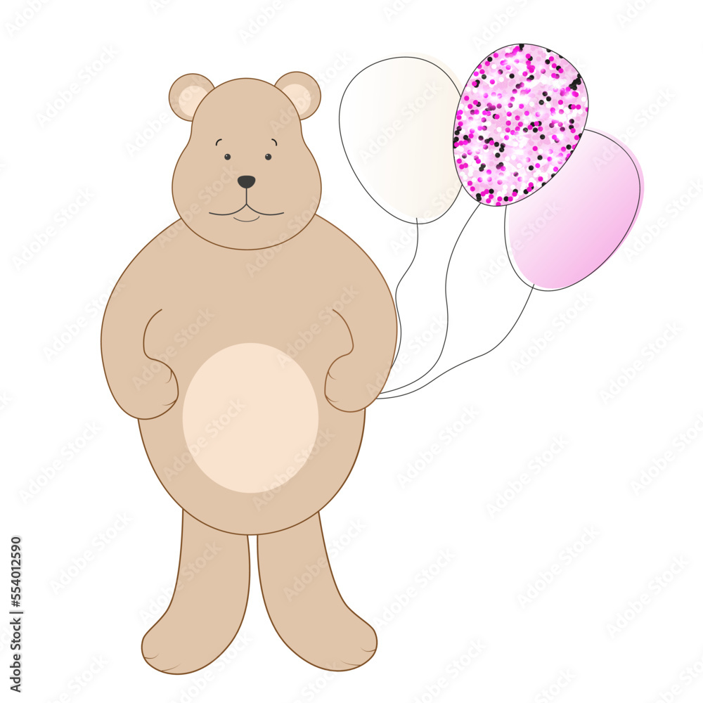 Brown cartoon teddy bear with balloons, one ball is decorated with sequins. For postcards and decoration. Vector illustration