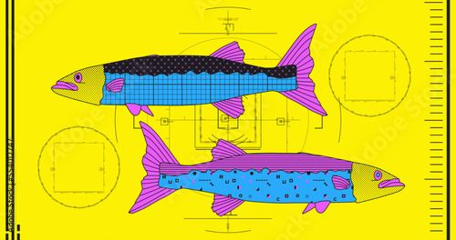 Fashion minimal illustration art. Fish retro banner creative colors design