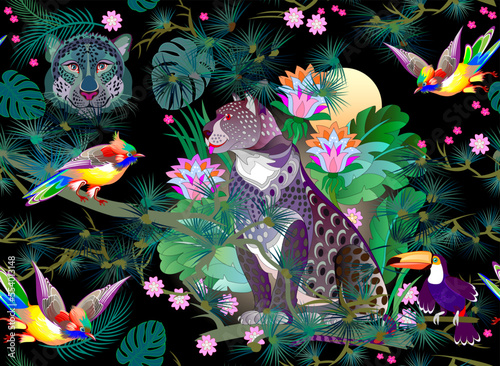 Seamless pattern ornament. Fantasy background with wild tropical nature. Illustration of animals in night jungle. Luxury ornate picture for mural wallpaper, fabric, decoration. Vector illustration.