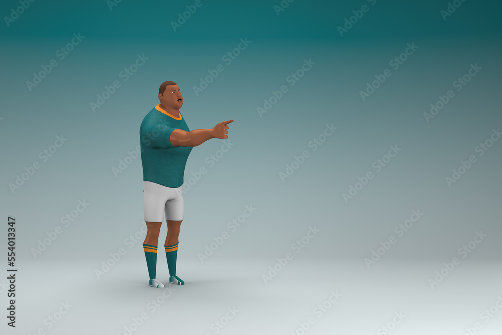 An athlete wearing a green shirt and white pants is expression of hand when talking. 3d rendering of cartoon character in acting. An athlete wearing a green shirt and white pants is expression of hand when talking. 3d rendering of cartoon character in acting.