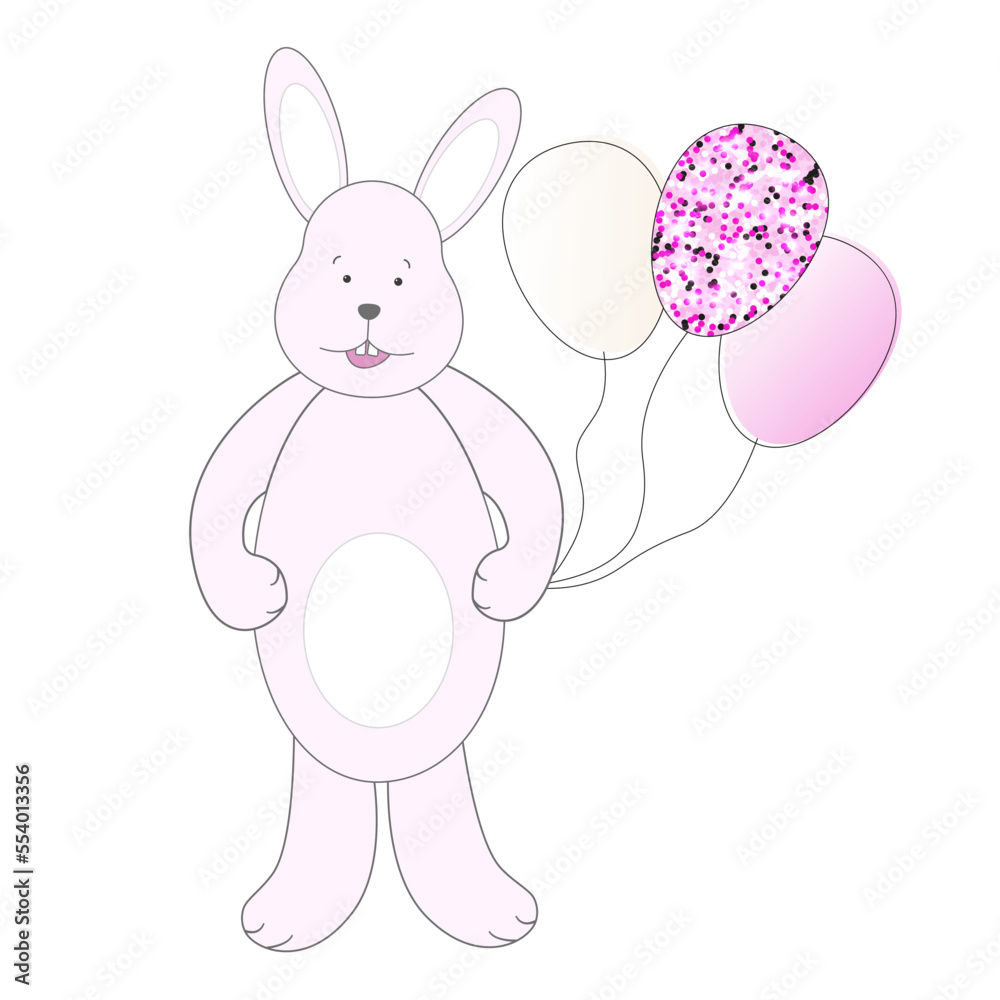 Pink cartoon rabbit, bunny with balloons, one balloon decorated with sequins. For postcards and decoration. Vector illustration Pink cartoon rabbit, bunny with balloons, one balloon decorated with sequins. For postcards and decoration. Vector illustration