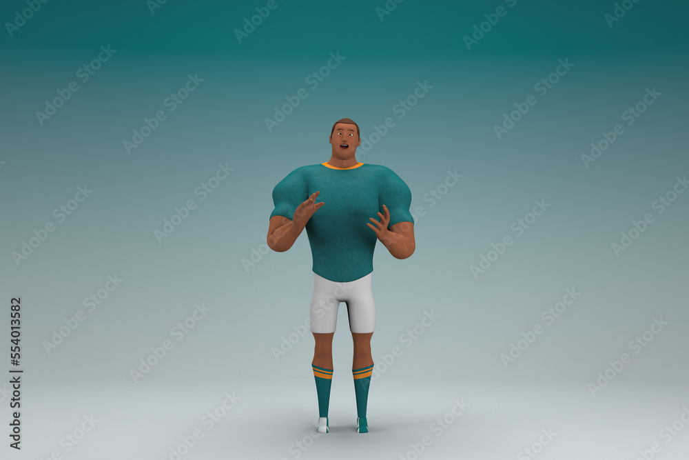An athlete wearing a green shirt and white pants is expression of hand when talking. 3d rendering of cartoon character in acting. An athlete wearing a green shirt and white pants is expression of hand when talking. 3d rendering of cartoon character in acting.