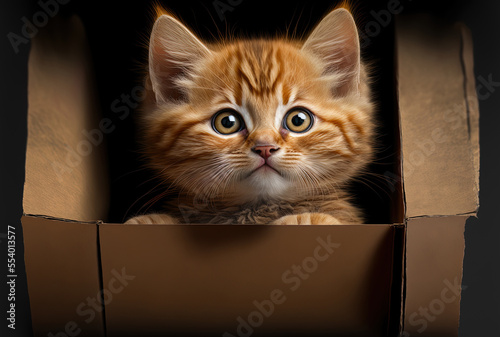 Ginger kitten portrait in a box gazing towards the distant. Generative AI