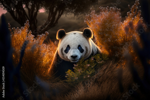 Giant panda in natural habitat. The giant panda is Endangered species. Digital artwork 
