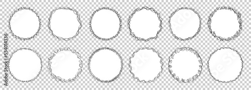 Collection of 12 doodle frames with black hand drawn borders isolated on transparent background. Template of linear vector round frames with blank white space inside. Scribble sketchy editable circles