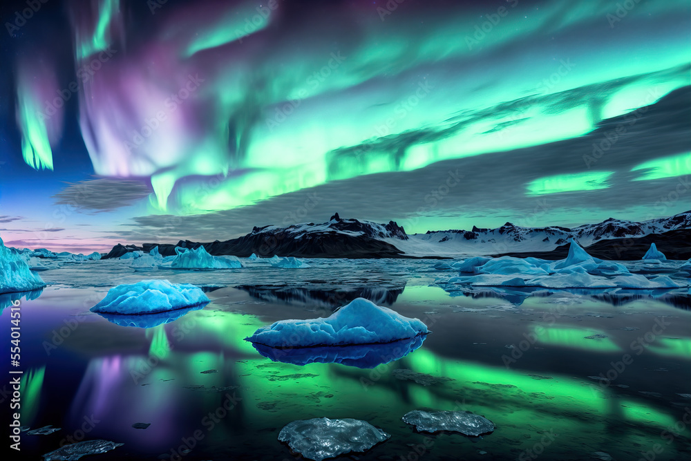 Glacial lagoon in Iceland under aurora. Night sky with polar lights. Night winter landscape with northern lights and reflection on the water surface. Digital art.	