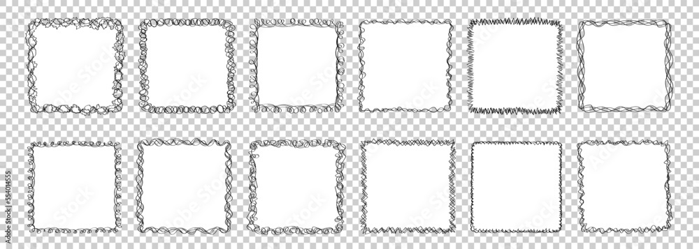 Collection of 12 doodle sketchy frames with black hand drawn borders isolated on transparent background. Template of linear vector square frames with blank white space inside.