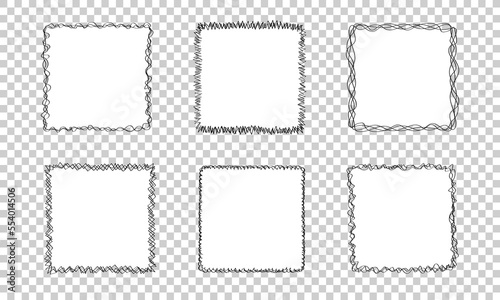 Set of six doodle frames with black hand drawn borders isolated on transparent background. Template of linear vector frames with blank white space inside. Scribble sketchy squares