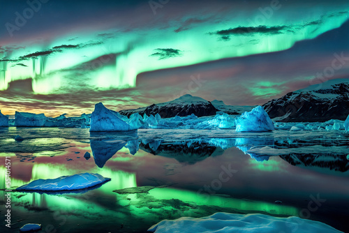 Glacial lagoon in Iceland under aurora. Night sky with polar lights. Night winter landscape with northern lights and reflection on the water surface. Digital art.  © Katynn