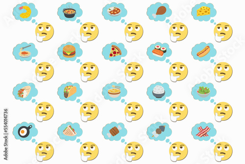 thinking face and thought bubble with food icons,embossed effect,emoji pattern on white background,icon set,vector illustration