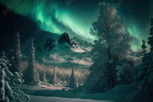 Northern lights against the background of snowy trees in the winter forest. Digital art	 photo