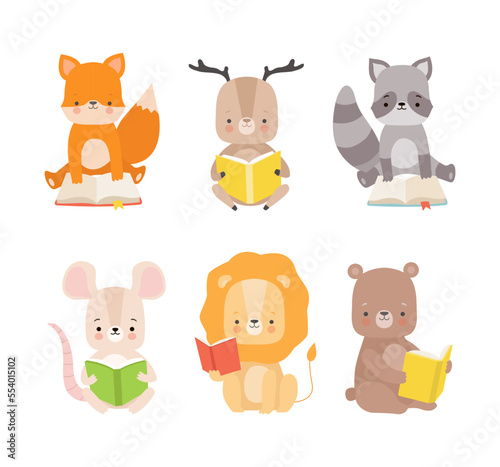 Cute Animals Sitting and Reading Book Enjoying Interesting Story Vector Set