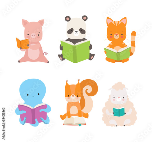 Cute Animals Sitting and Reading Book Enjoying Interesting Story Vector Set