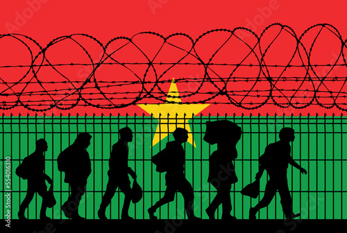 Flag of Burkina Faso - Refugees near barbed wire fence. Migrants migrate to other countries. Sub-Saharan Africa