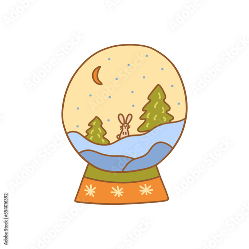Glass ball with night forest, snowing, Christmas trees and crescent. Bunny peeking out of snowdrift. Colorful vector isolated illustration hand drawn doodle. Festive winter season present card