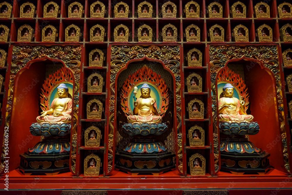 Singapore City, Singapore - December 2022: Views of the Buddha Tooth Relic Temple in Singapore on December 6, 2022 in Singapore City, Singapore.