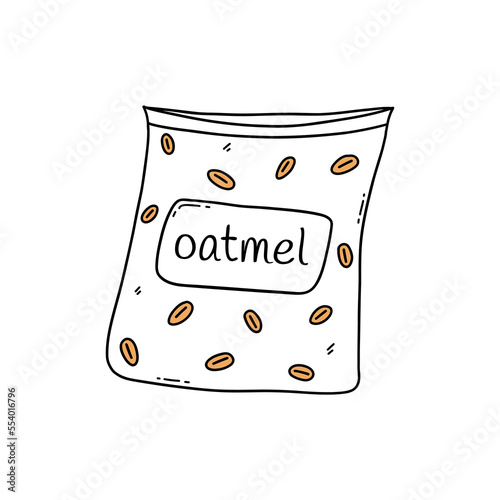 Packet of oatmeal. Ingredient for making porridge or flour, for delicious breakfasts or pastries. Vector isolated hand drawn doodle illustration. Icon or card