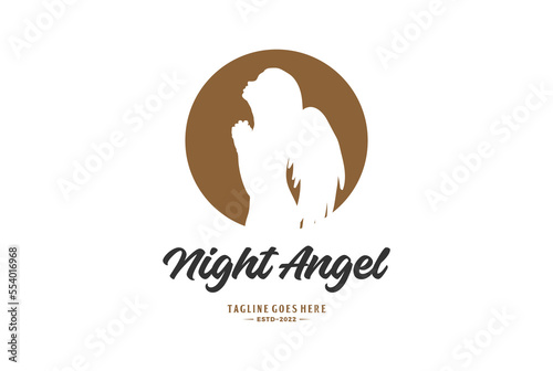 Moon Night with Praying Angel Girl Woman Lady Wings Silhouette Logo Design