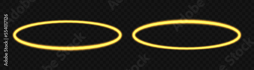 Angel halo ring, saint aureole, heavenly gloriole. Round gold celestial glow nimbus, supernal aureola, vector light effect isolated on a dark background.