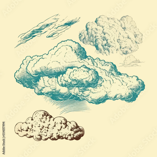 Cloud and cloudiness vintage sketches. Isolated on a white background. Cartoon vector illustration